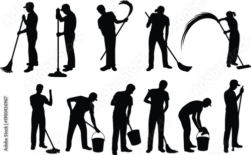 Cleaning worker silhouette set, black vector illustration collection, people using mop broom bucket, janitor service poses isolated on white background
