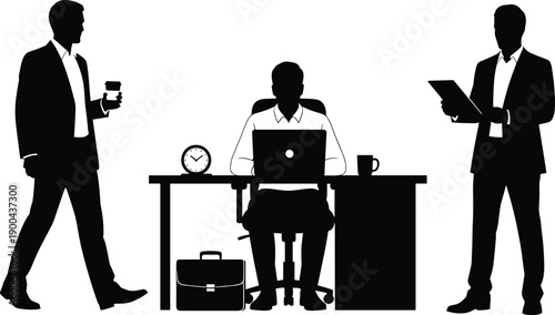 Silhouette of professional businessmen working in office environment, corporate team collaboration, entrepreneur at desk with laptop and colleagues standing