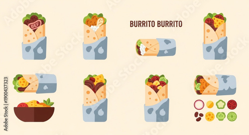 Assorted Burritos and Ingredients Flat Illustration.
