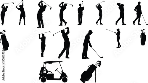 Golf player silhouettes set, men and women swinging clubs, golf cart and equipment, black vector illustration isolated on white background