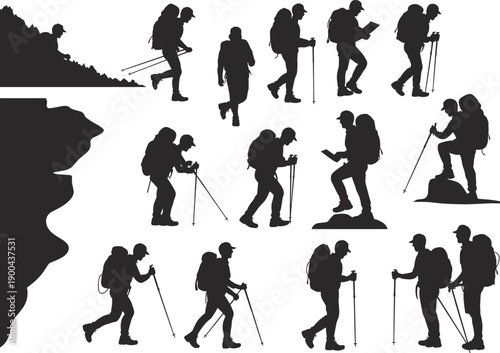 Hiker silhouette set, backpacker trekking in mountains, black vector illustration, outdoor adventure concept, hiking people with poles isolated on white background