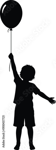 Black silhouette of a young child standing and holding a single floating balloon string against a white background representing childhood dreams, freedom, and innocent joy.