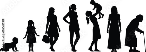 Black Silhouette Set Representing Life Cycle of Woman from Baby to Senior Adult Including Motherhood and Aging Process Symbolizing Growth Generation Continuity and Time