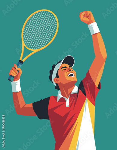 Tennis Player Celebrating Point

A flat vector illustration of a tennis player celebrating a winning point. Raised fist, joyful posture. Flat vector style, success and emotion.