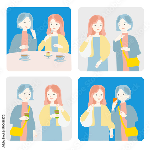 旅行やショッピングを楽しむ女性たちの主線なしイラストセット