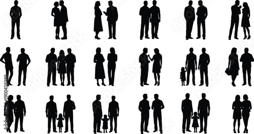 People silhouettes in pairs and small groups showing communication, relationships, family, and social interaction isolated on white background