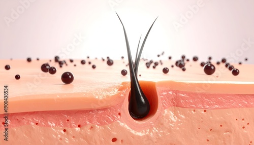 Close-up medical illustration of skin layers and hair follicle