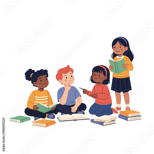 Diverse children reading books together, learning and imagination concept