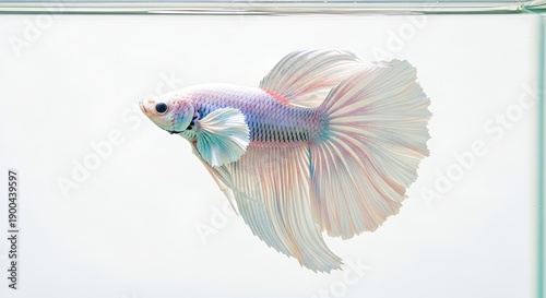 A serene betta fish glides effortlessly through calm waters, its iridescent scales shimmering in soft light from a gentle overhead viewpoint.