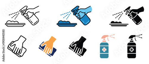 Cleaning and Disinfection Icons Set, Hygiene Spray Bottle and Hand Wipe Vector Illustration.