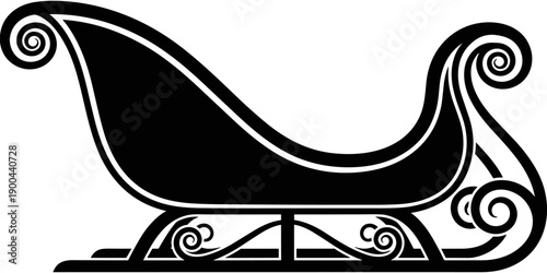 Vintage Santa Claus sleigh silhouette with decorative swirls, isolated black vector illustration for Christmas holiday and winter season designs