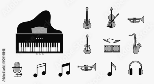 Flat black and white icons of various musical instruments and symbols, including a grand piano, guitars, violin, trumpet, saxophone, drums, microphone, headphones, and musical notes.