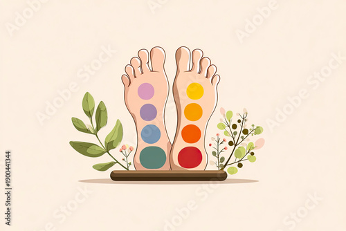 Foot reflexology chart illustrating pressure points on left and right feet. A vibrant illustration of feet adorned with colorful paint colors, surrounded by green leaves and delicate flowers.