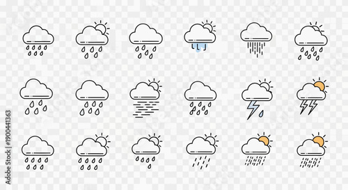 Collection of Weather Icons Showing Rain and Storm.