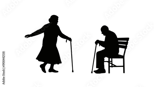 Elderly people, senior citizens, old persons, black silhouettes, walking stick, chair