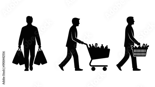 Shopping, retail, and commerce icons, black silhouette vector graphics, business and consumerism symbols, 3 people with bags and cart