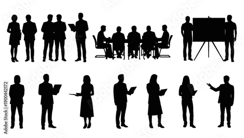Business people silhouettes, office meeting icons, professional teamwork illustrations, black vector graphics