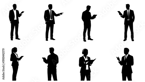 Businessmen silhouettes, office workers, black icons, vector set, 8 suits, white background