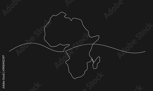 Minimalist One Line Art Drawing of Africa Continent Map with Wavy Line on Dark Background