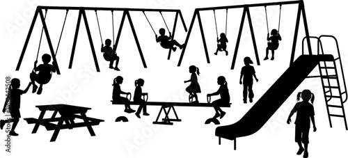 Black silhouette of children playing on playground equipment with swings, slide, and seesaw isolated on white background for childhood concept