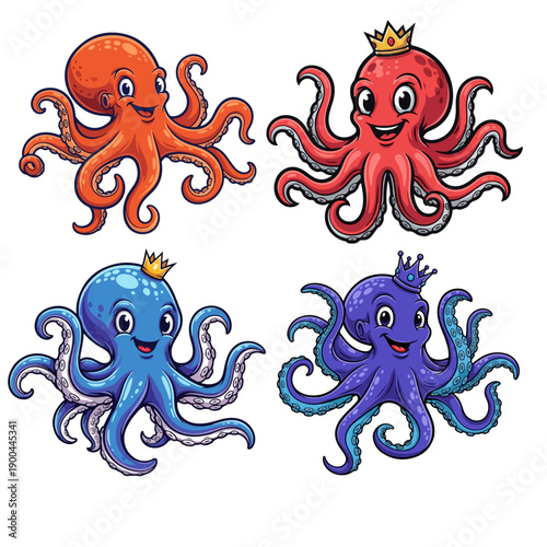 Vector Friendly Octopus Mascot Set with Colorful Tentacles and Royal Crowns