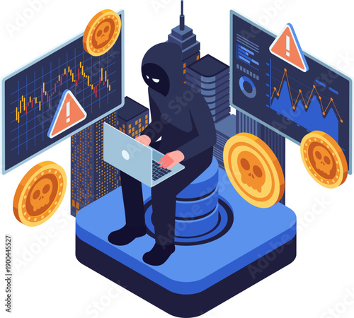 Isometric Hacker Manipulating Cryptocurrency Market