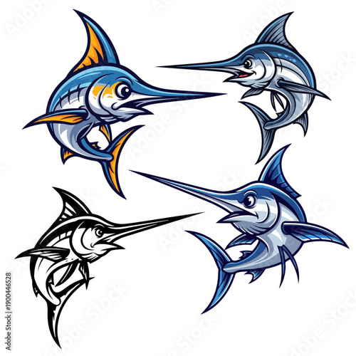 Blue Marlin and Swordfish Mascot Vector Set for Sport Fishing Logos