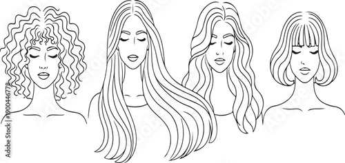Line art women with diverse hairstyles, showcasing beauty and hair care concepts.