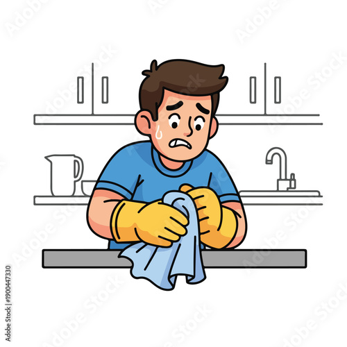 A man wearing gloves wipes down a surface
