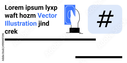Hand presenting a card near a metadata tag element and placeholder text blocks. Ideal for branding, payments, social media, marketing, hashtags, web design, simple landing page