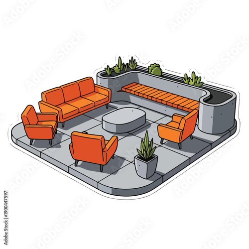 A modern outdoor seating area with orange furniture and plants