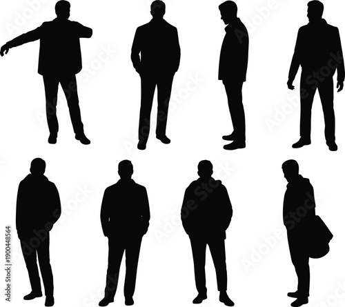 Black silhouette collection of men standing in various poses wearing jackets and coats for business fashion and urban lifestyle concepts