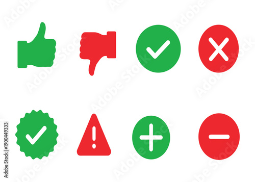 Collection of simple green and red icons representing positive and negative feedback, checks, and errors, on a white background