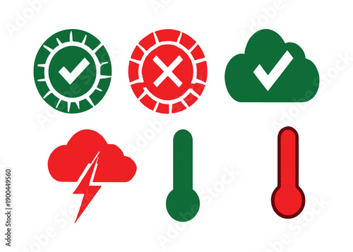 Set of icons representing checkmarks, crosses, and weather conditions like storms and temperature readings