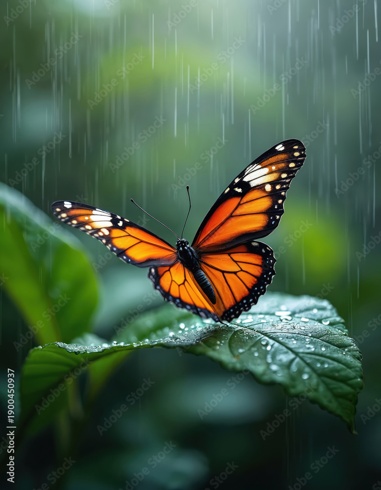 Obraz premium Orange monarch butterfly rests on wet green leaf. Rain falls softly on plant foliage. Insect wings show detailed patterns. Nature scene with water droplets.