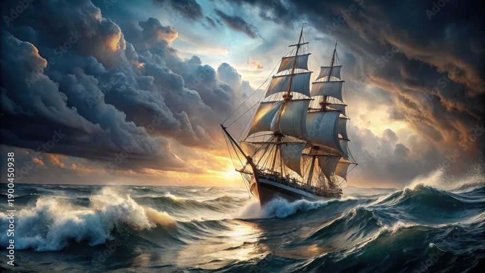 Fototapeta premium Title A majestic sailboat battles the fury of a turbulent sea