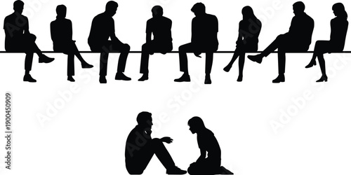 Black silhouettes of diverse people sitting on a bench and talking in pairs isolated on white background for community design projects