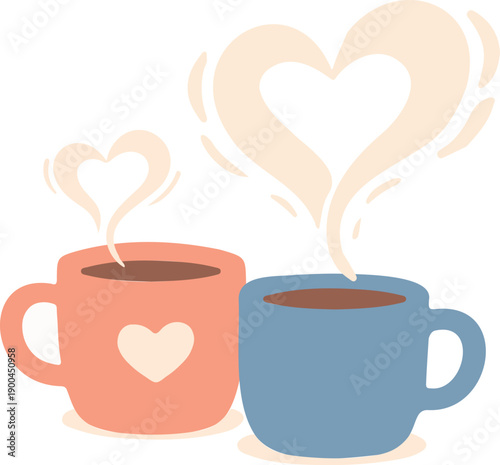 cup of coffee with heart, a pair of ceramic mugs in peach and blue. One mug is decorated with a heart, and both emit stylized steam that forms heart shapes in the air.