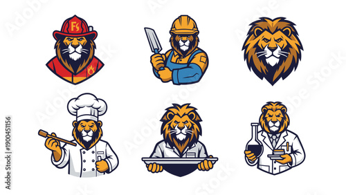 Professional Lion Mascot Characters Set: Firefighter, Chef, Scientist, Worker, Waiter, and Roaring Lion Head Logos
