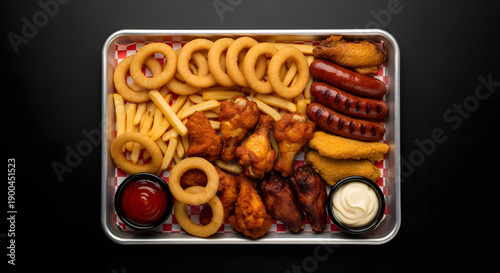 Large metal tray filled with a delicious mix of crispy chicken wings, golden french fries, savory onion rings, and grilled sausages, served with classic dipping sauces, perfect for a satisfying meal