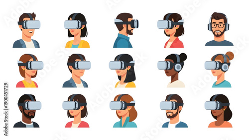VR Headset Users Avatar Vector Set – Modern Virtual Reality Characters Collection
