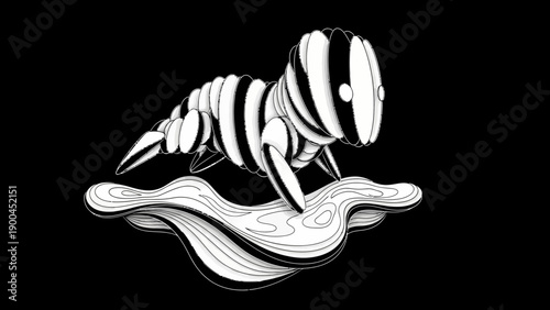 Monochrome illustration of a fictional creature on abstract wave design background