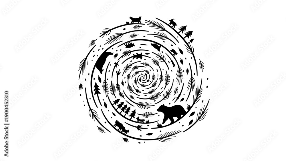Fototapeta premium Stylized black and white illustration of a spiral filled with forest elements and animals