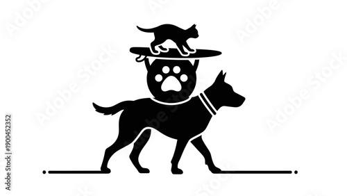 Minimalist black and white design showcasing a dog carrying a cat surfing illustration