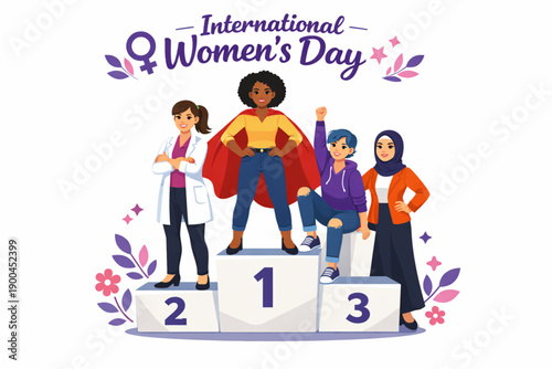 Vector of Confident Women Standing Together on Podium for International Women’s Day on White Background