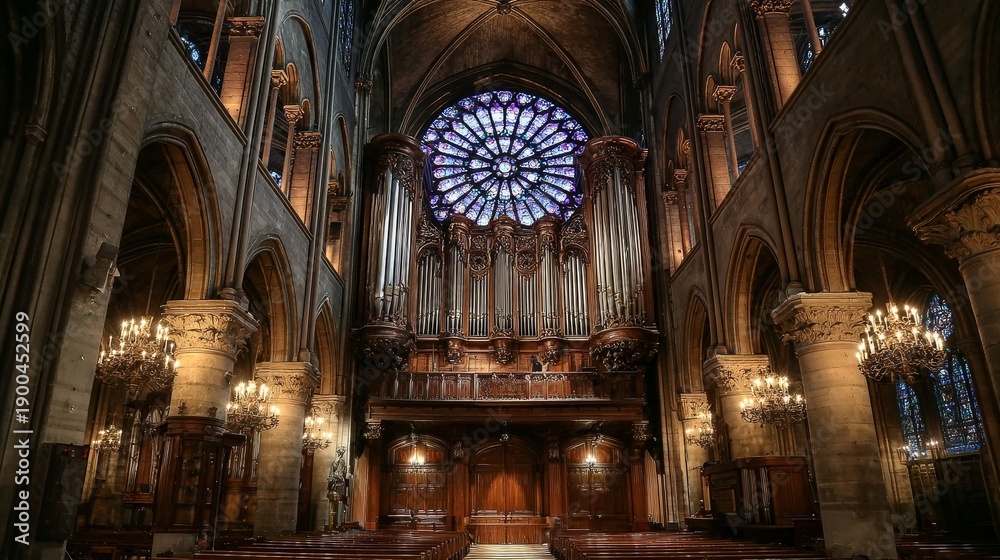 Obraz premium Romantic French pipe organ from the 20th century in Notre-Dame cathedral interior with large colorful rose window in background, historical architecture and intricate details