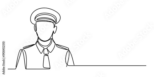 Continuous line drawing of a professional man in a uniform wearing a peaked cap and tie. Vector, illustration
