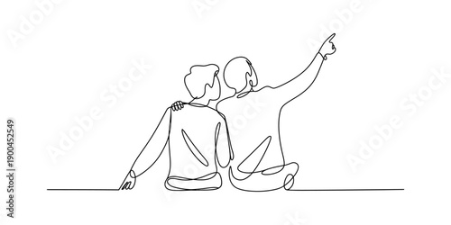One line drawing of two friends sitting together and pointing at the sky with a white background Vector, illustration