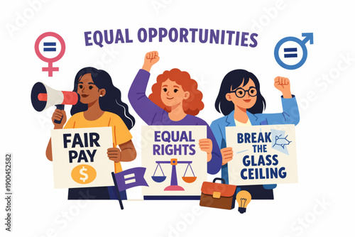 Women advocating for equal rights, opportunities, and pay with signs and megaphones
