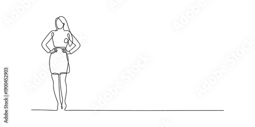 Continuous line drawing of a confident woman standing with hands on hips against a white background. Vector, illustration